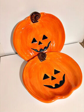 Halloween Pumpkin Ceramic Plates Set of 2 Orange & Black